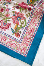 Load image into Gallery viewer, Floral blockprint large table cloth bedcover with pomegranates in pinks, red, blue and green.