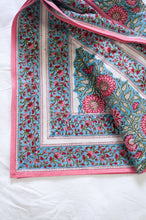 Load image into Gallery viewer, Pure cotton floral blockprint tablecloth in shades of pink on aqua blue.