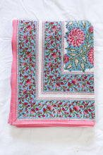 Load image into Gallery viewer, Pure cotton floral blockprint tablecloth in shades of pink on aqua blue.