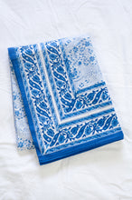 Load image into Gallery viewer, Blue and white paisley tablecloth, blockprinted by hand.