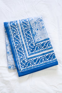 Blue and white paisley tablecloth, blockprinted by hand.