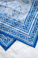 Load image into Gallery viewer, Blue and white paisley tablecloth, blockprinted by hand.