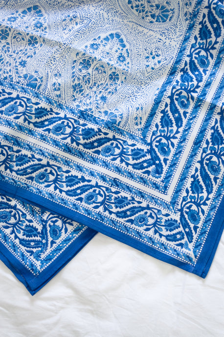 Blue and white paisley tablecloth, blockprinted by hand.