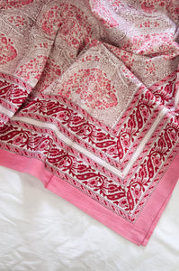 Pink and white paisley tablecloth, blockprinted by hand.