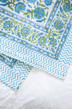 Load image into Gallery viewer, Floral blockprint cotton table cloth in shadews of aqua blue, and lime green on white.