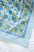 Load image into Gallery viewer, Floral blockprint cotton table cloth in shadews of aqua blue, and lime green on white.