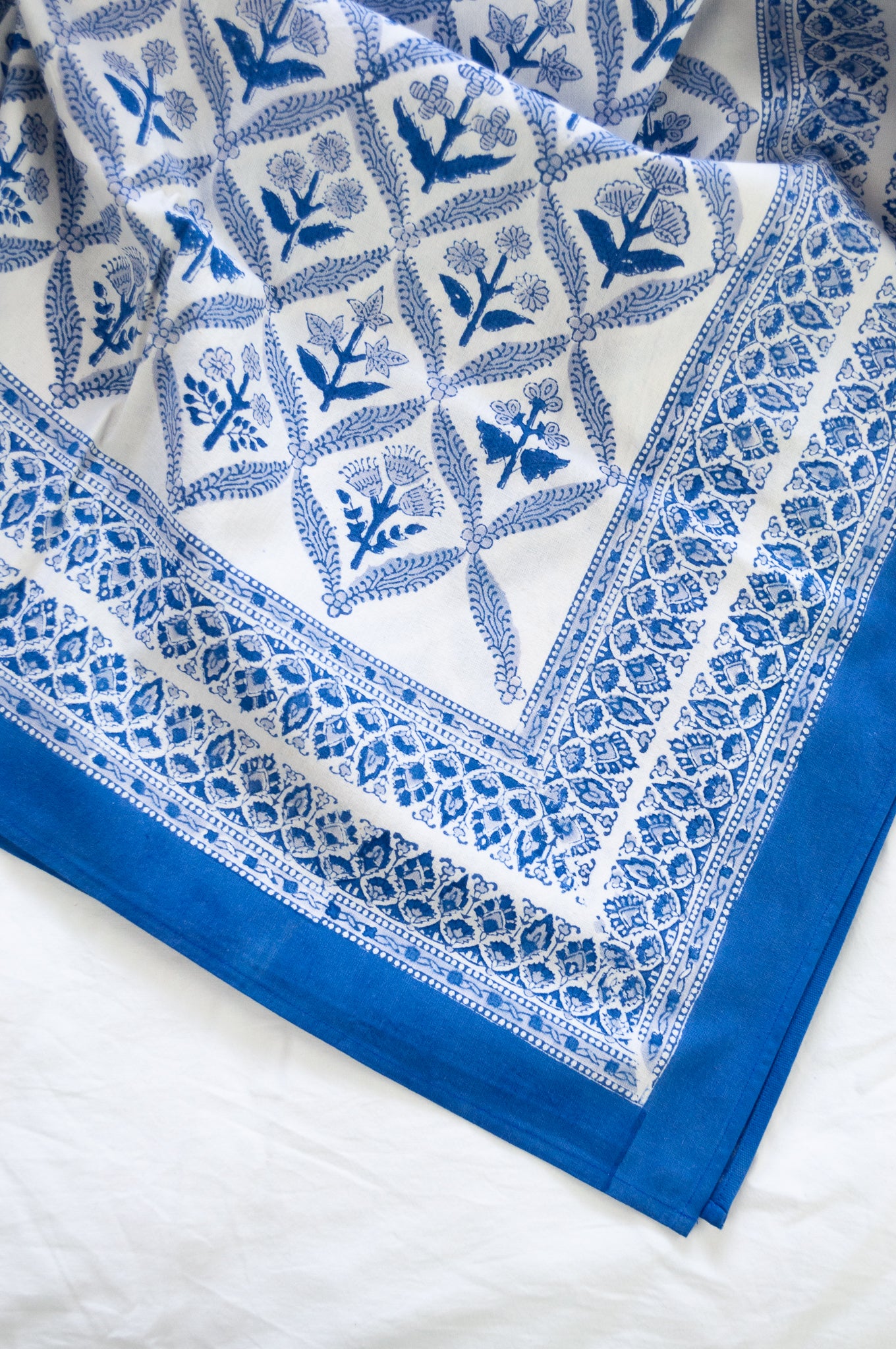 Silver grey and cobalt blue floral lattice design, pure cotton blockprint tablecloth.
