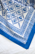 Load image into Gallery viewer, Silver grey and cobalt blue floral lattice design, pure cotton blockprint tablecloth.