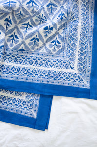 Silver grey and cobalt blue floral lattice design, pure cotton blockprint tablecloth.