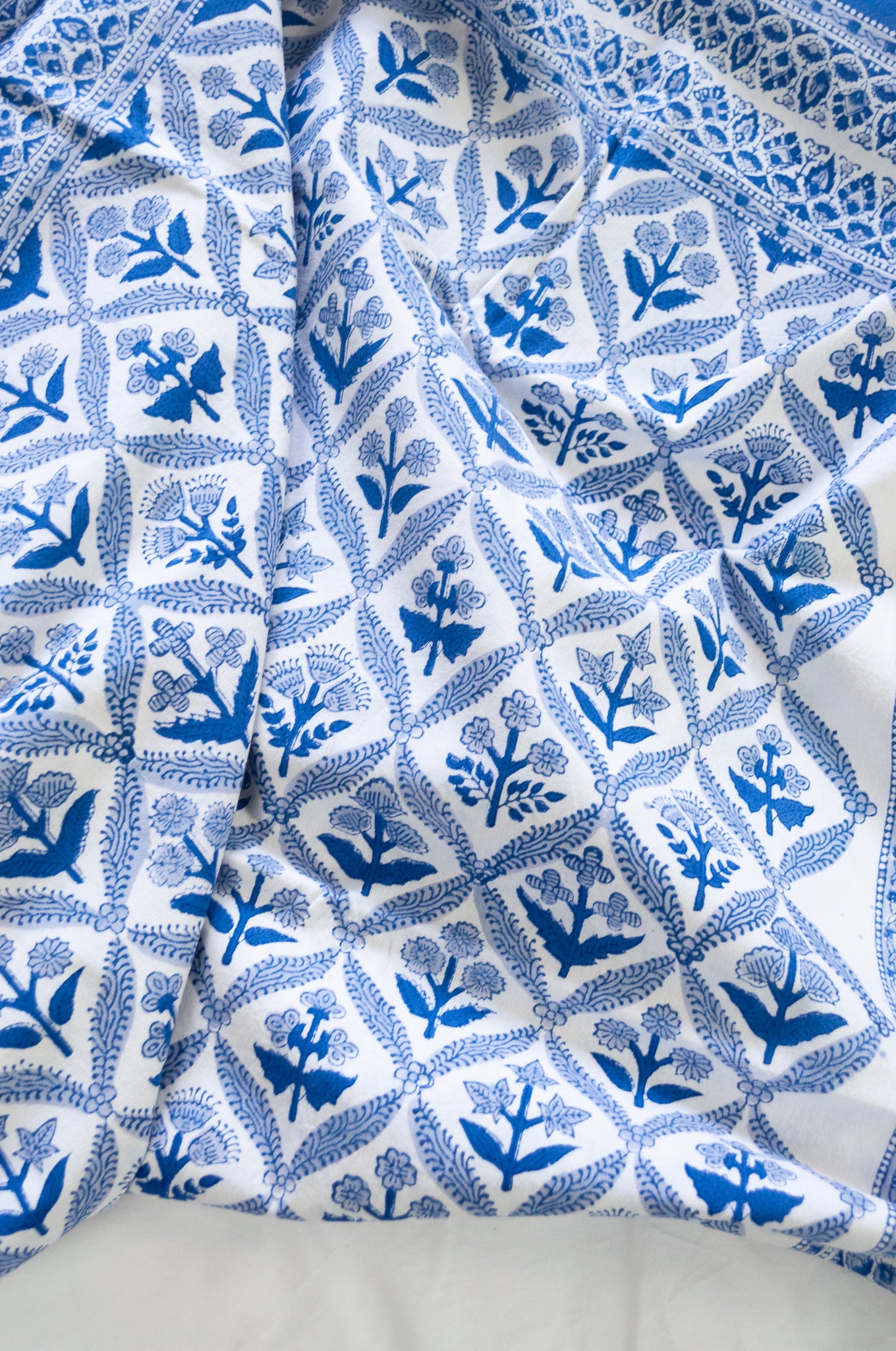 Silver grey and cobalt blue floral lattice design, pure cotton blockprint tablecloth.