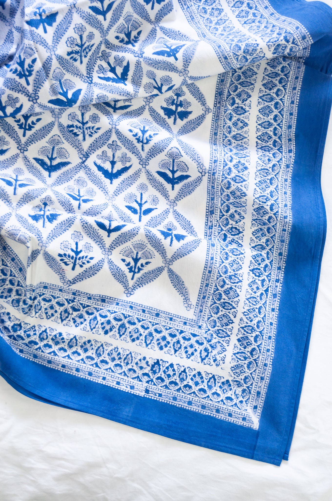 Silver grey and cobalt blue floral lattice design, pure cotton blockprint tablecloth.
