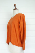 Load image into Gallery viewer, Cotton and cashmere one size easy fit V-neck sweater in  tamarind tan brown.
