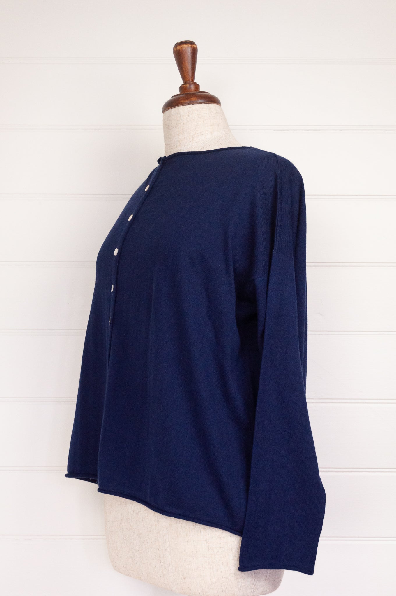 Cotton and cashmere one size easy fit reversible button up cardigan in navy blue.