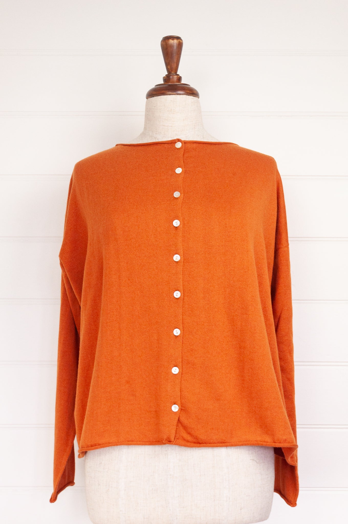 Cotton and cashmere one size easy fit reversible button up cardigan in tamarind tan brown.