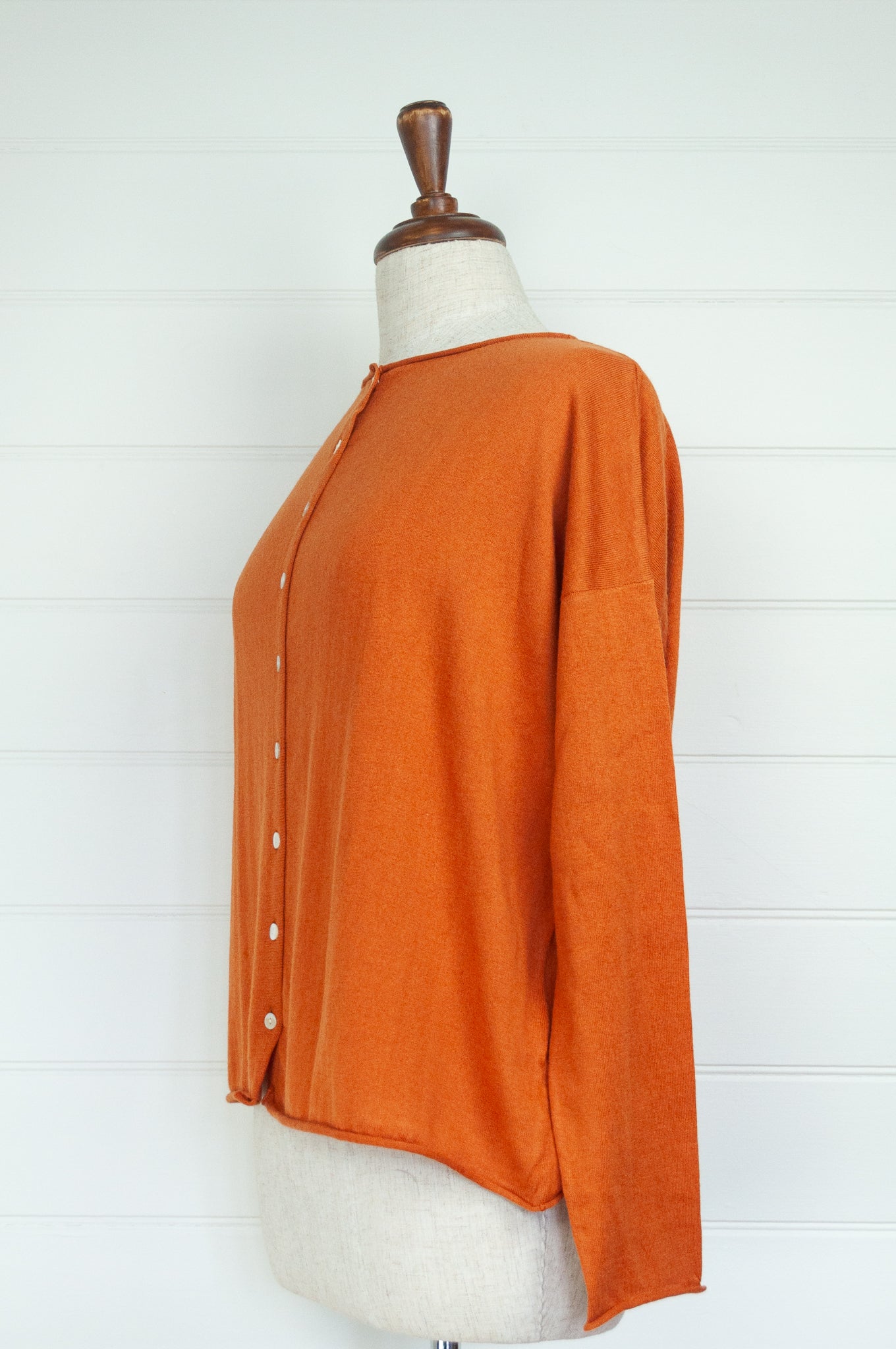 Cotton and cashmere one size easy fit reversible button up cardigan in tamarind tan brown.
