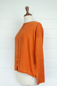 Cotton and cashmere one size easy fit reversible button up cardigan in tamarind tan brown.