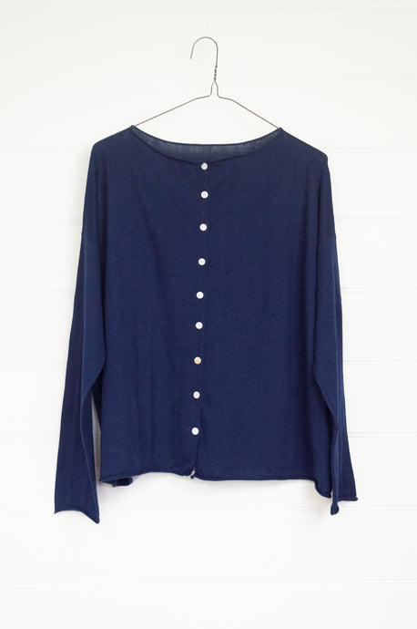 Cotton and cashmere one size easy fit reversible button up cardigan in navy blue.