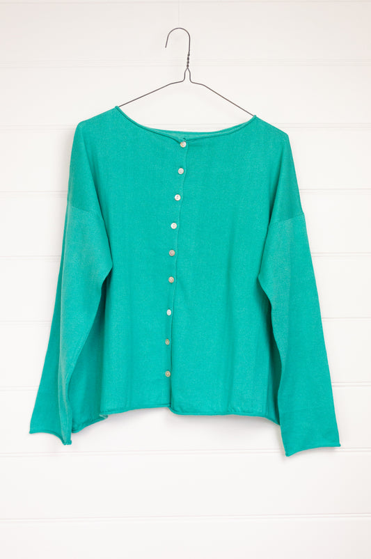 Cotton and cashmere one size easy fit reversible button up cardigan in jade green.