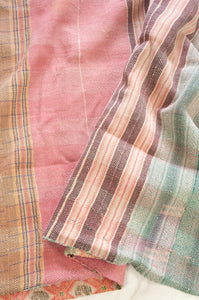 Vintage kantha quilt in pastel stripes and checks, with pattern  in pink, lavender and mint.