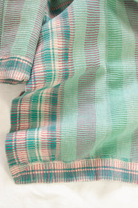 Vintage kantha quilt in pastel stripes and checks, mint, rose pink, lavender and white.