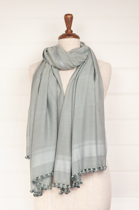 Silk cotton pompom scarf - Sage