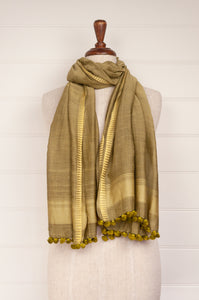 Silk cotton pompom scarf - Olive