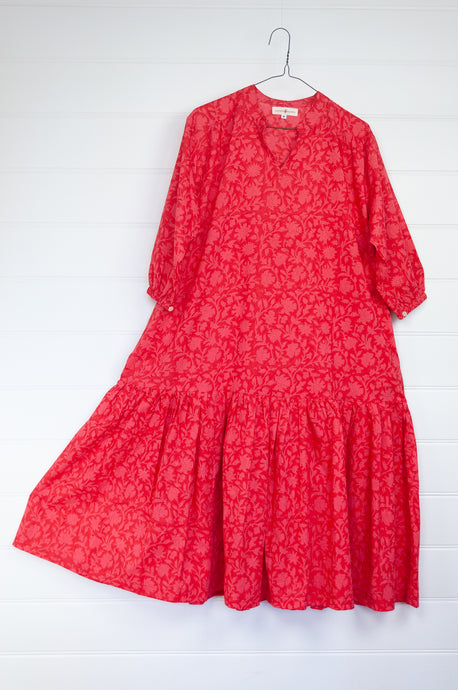 Juniper Hearth Gina dress, loose fitting three quarter sleeved frilled hem, cherry red pink blockprint floral in organic cotton.