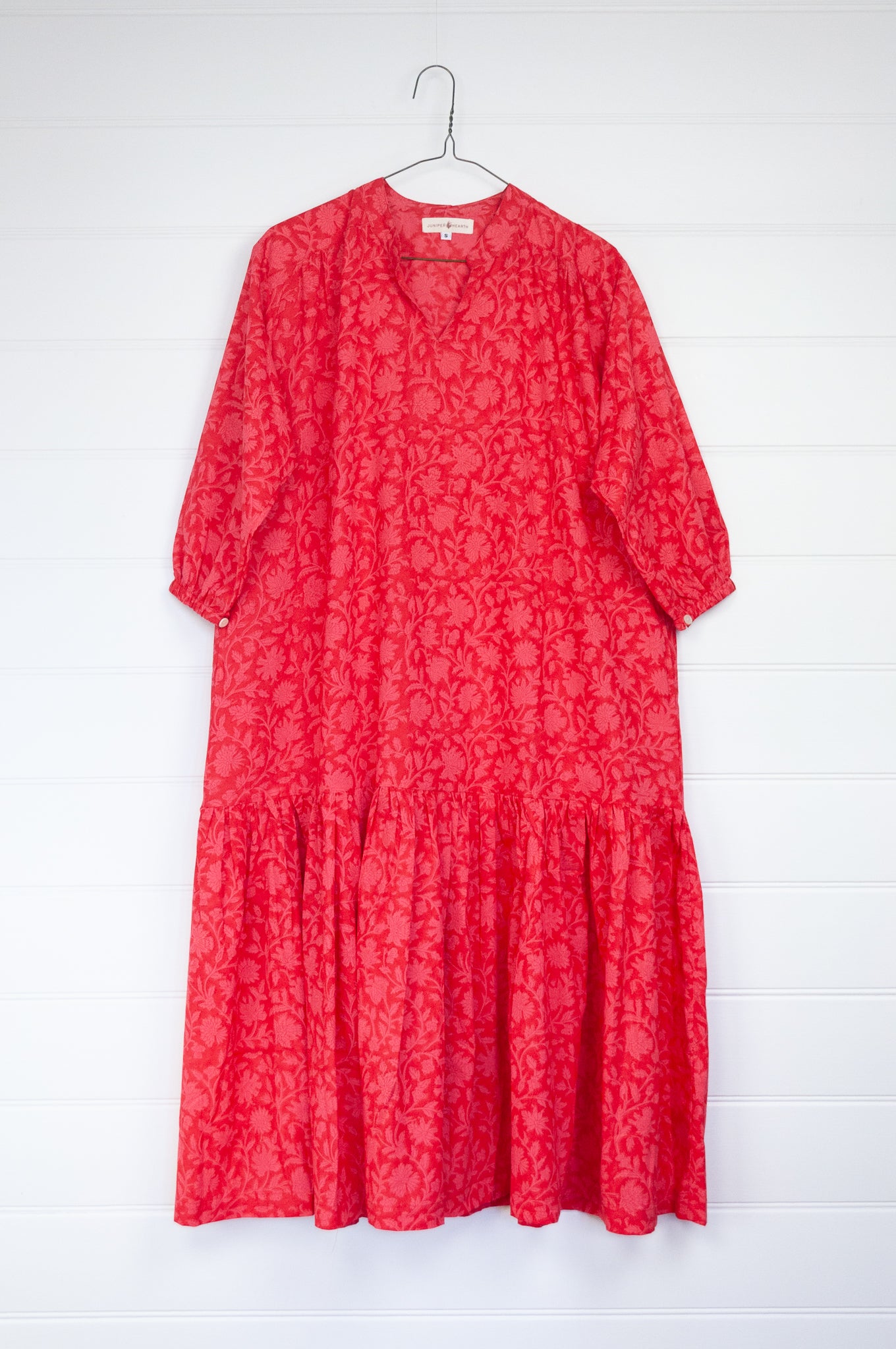 Juniper Hearth Gina dress, loose fitting three quarter sleeved frilled hem, cherry red pink blockprint floral in organic cotton.