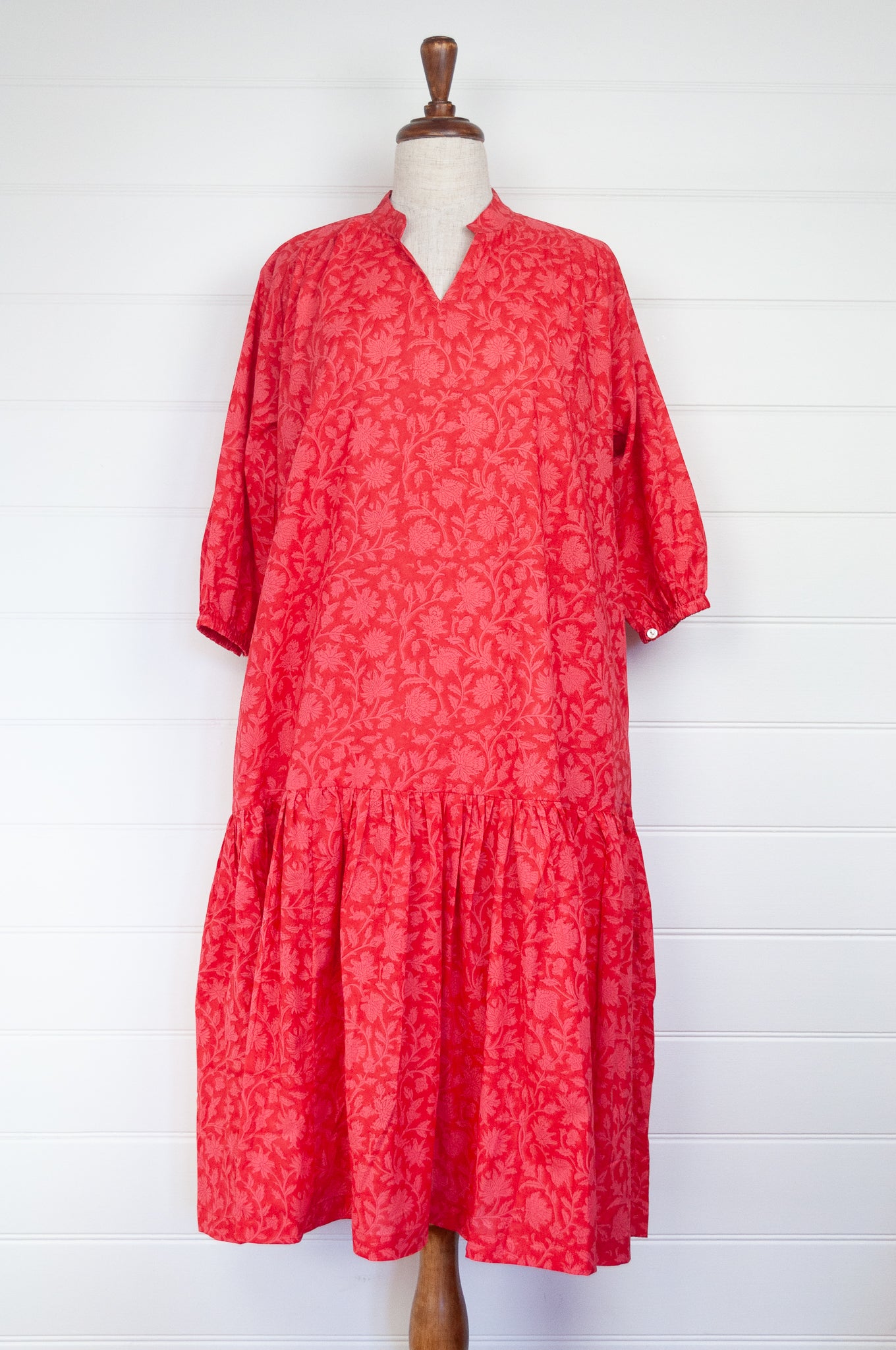 Juniper Hearth Gina dress, loose fitting three quarter sleeved frilled hem, cherry red pink blockprint floral in organic cotton.