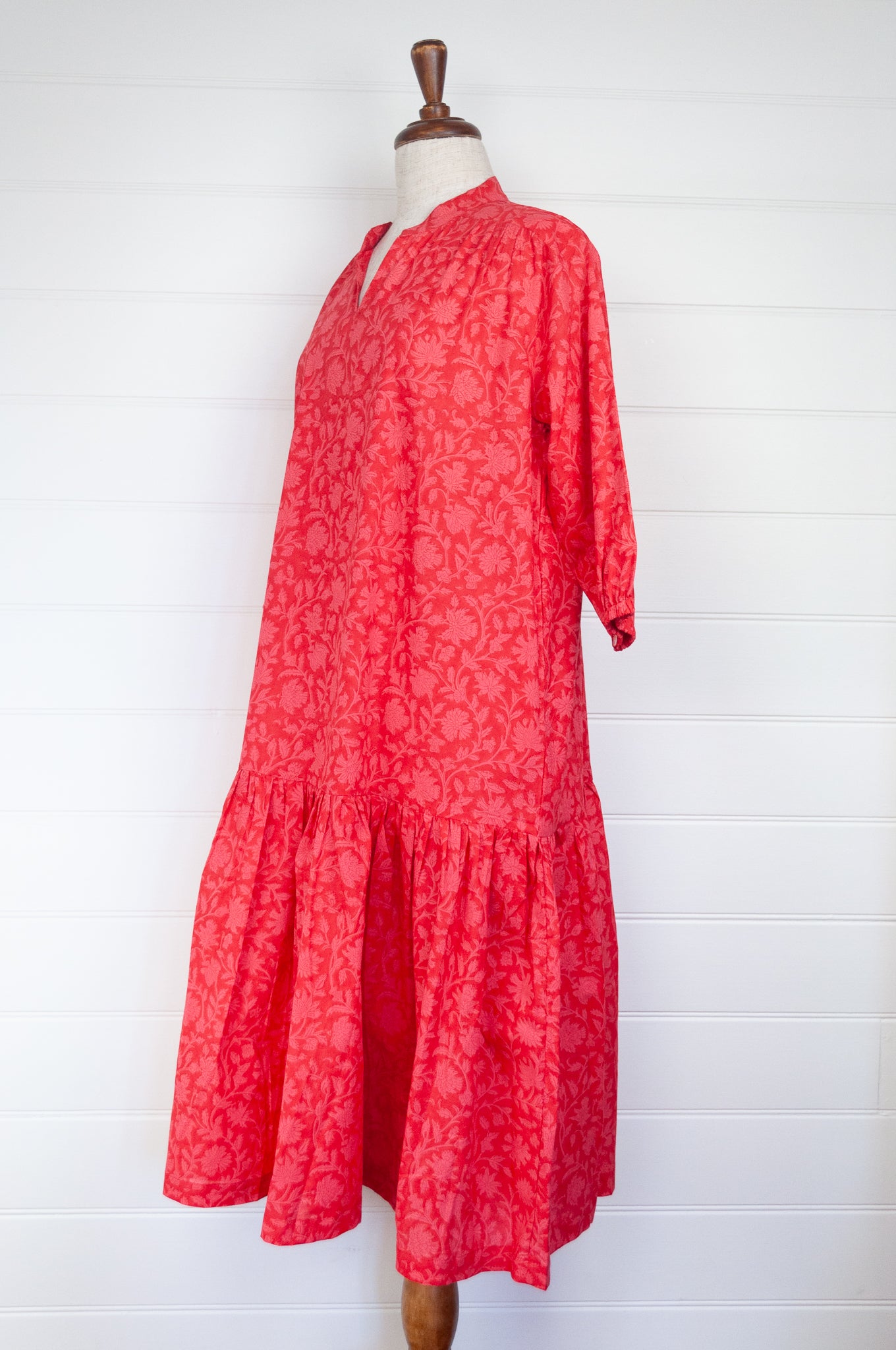 Juniper Hearth Gina dress, loose fitting three quarter sleeved frilled hem, cherry red pink blockprint floral in organic cotton.
