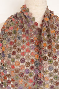Sophie Digard open work hand crocheted lattice scarf in colourful FRB palette.