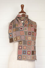 Load image into Gallery viewer, Sophie Digard hand crocheted large merino wool scarf in Square design, patchwork of colourful squares on a neutral background.