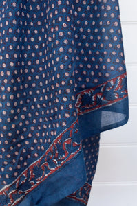 Cotton voile sarong blockprinted with natural indigo and rust.