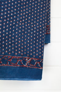 Cotton voile sarong blockprinted with natural indigo and rust.