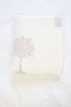 Load image into Gallery viewer, Pure cotton muslin dohar three layers with blockprint design in Moghul floral emblem print, pink flowered trees..