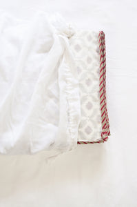 Pure cotton muslin dohar with blockprinted centre in red floral with pewter silver grey lattice design.