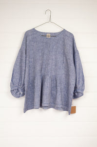 DVE Anisha top one size with pintuck bodice in chambray blue linen.
