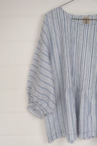 DVE Anisha top one size with pintuck bodice in blue and white stripe linen.