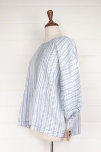 DVE Anisha top one size with pintuck bodice in blue and white stripe linen.