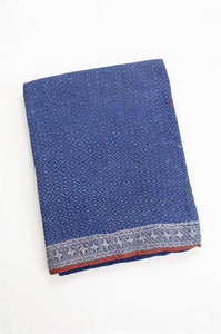 Vintage kantha quilt, indigo sari with delicate embroidery and decorative silver braid edging.