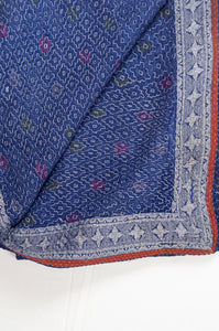 Vintage kantha quilt, indigo sari with delicate embroidery and decorative silver braid edging.