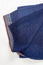 Load image into Gallery viewer, Vintage kantha quilt, indigo sari with delicate embroidery and decorative silver braid edging.
