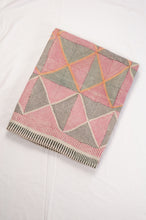 Load image into Gallery viewer, Vintage lohori wave kantha quilt red and olive and orange triangle stitch pattern.