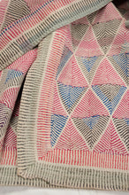 Load image into Gallery viewer, Vintage lohori wave kantha quilt red, blue and olive diamond stitch pattern on white.