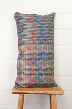 Load image into Gallery viewer, Lohori kantha stitch quilt cushion cover in multi coloured stitching on stripe background.