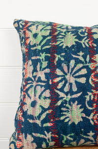 Vintage kantha quilt blockprint cushion overdye in indigo floral design with red top stitching.