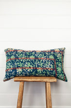 Load image into Gallery viewer, Vintage kantha quilt blockprint bolster cushion overdye in indigo floral design with red top stitching.