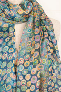 Pure silk digital print spotty scarf in smoke blue and aqua.k.