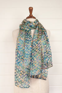 Pure silk digital print spotty scarf in smoke blue and aqua.