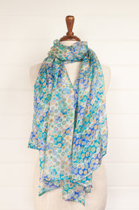Pure silk digital print spotty scarf in aqua and cobalt on white.